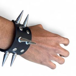 Faux Leather Gothic Studded Spike Bracelet Choker Punk Spike Rivets Cuff Black Wristband Adjustable Punk Cuff Bangle for men women —Silver Spikes 