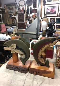 Pair of vintage matching custom made fish lamps wooden bases