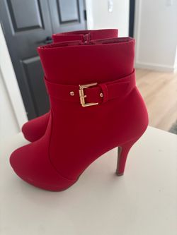 Red Ankle Boots with Gold Buckle