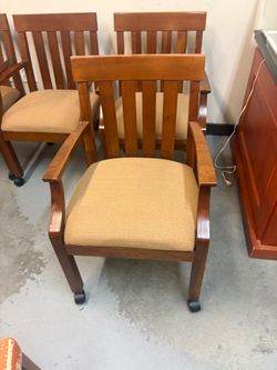 Brown Wood Armchair with Slatted Back and Upholstered Seat