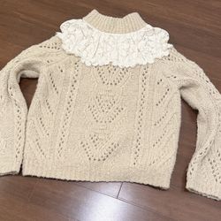 Suzanne Pointelle by Anthropologie Cream Knit Sweater with Lace Collar