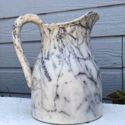 Antique VTG Stoneware Pottery Pitcher Vase White Marine Blue 7.5"x5" 1920s 1930s (Silver Lake)