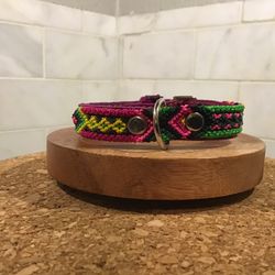 Handmade Dog Collar – 10” XS – Hot Pink, Green & Black Tribal Weave