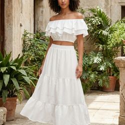 Off-Shoulder White Tiered Maxi Skirt