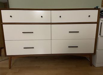 WEST ELM MID-CENTURY 6-DRAWER DRESSER 56” (WHITE LACQUER/ACORN)