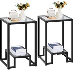 Glass Side Table Set of 2, Modern Tempered Glass End Table with Open Shelf and Strong Metal Frame, Heavy-Duty Telephone Table Small Coffee Table Night