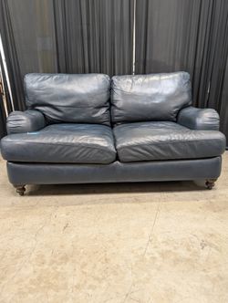 Plush Two-Seat Loveseat in Dark Blue Leather