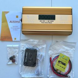 Pure Sine Wave Inverter, 2000 Watt Inverter, DC 12V to 110V/120V AC Inverter, 4000W Peak with Remote Control, 2 AC Outlets, 3.4A USB Port LED Display,
