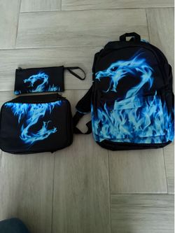 3-Piece Blue Flame Dragon Backpack Set