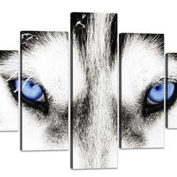 YOUHONG 5 Panels Dog Canvas Wall Art with Wooden Frame - 60''W x 32''H Husky Decor with Blue Eyes, Animals Canvas, Dog Painting Poster, Animal Art Wal