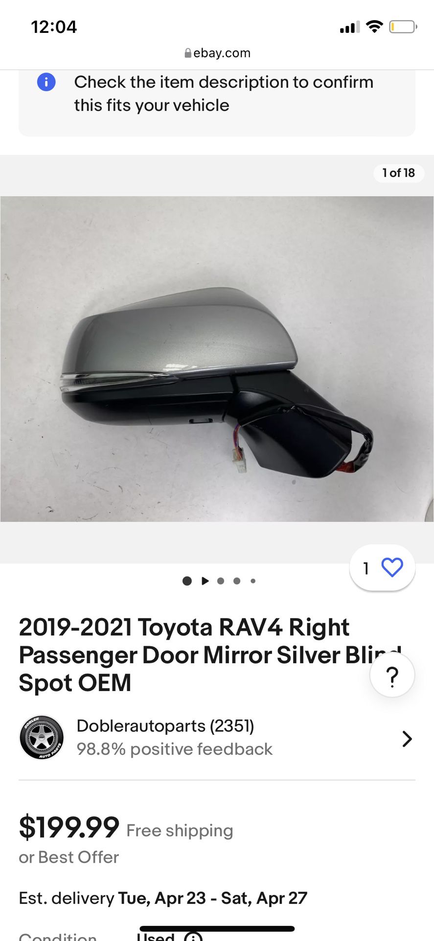 2019-2021 Toyota Rav4 Right (passenger) Mirror