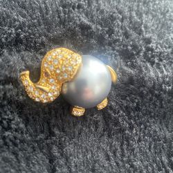 Vintage Pearl Belly Elephant Brooch, Designer Signed GY or CY