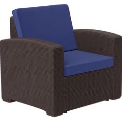 Flash Furniture Seneca Chocolate Brown Faux Rattan Chair with All-Weather Navy