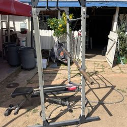 Squat Rack + 45lb Bar + Concrete Weights ( 
