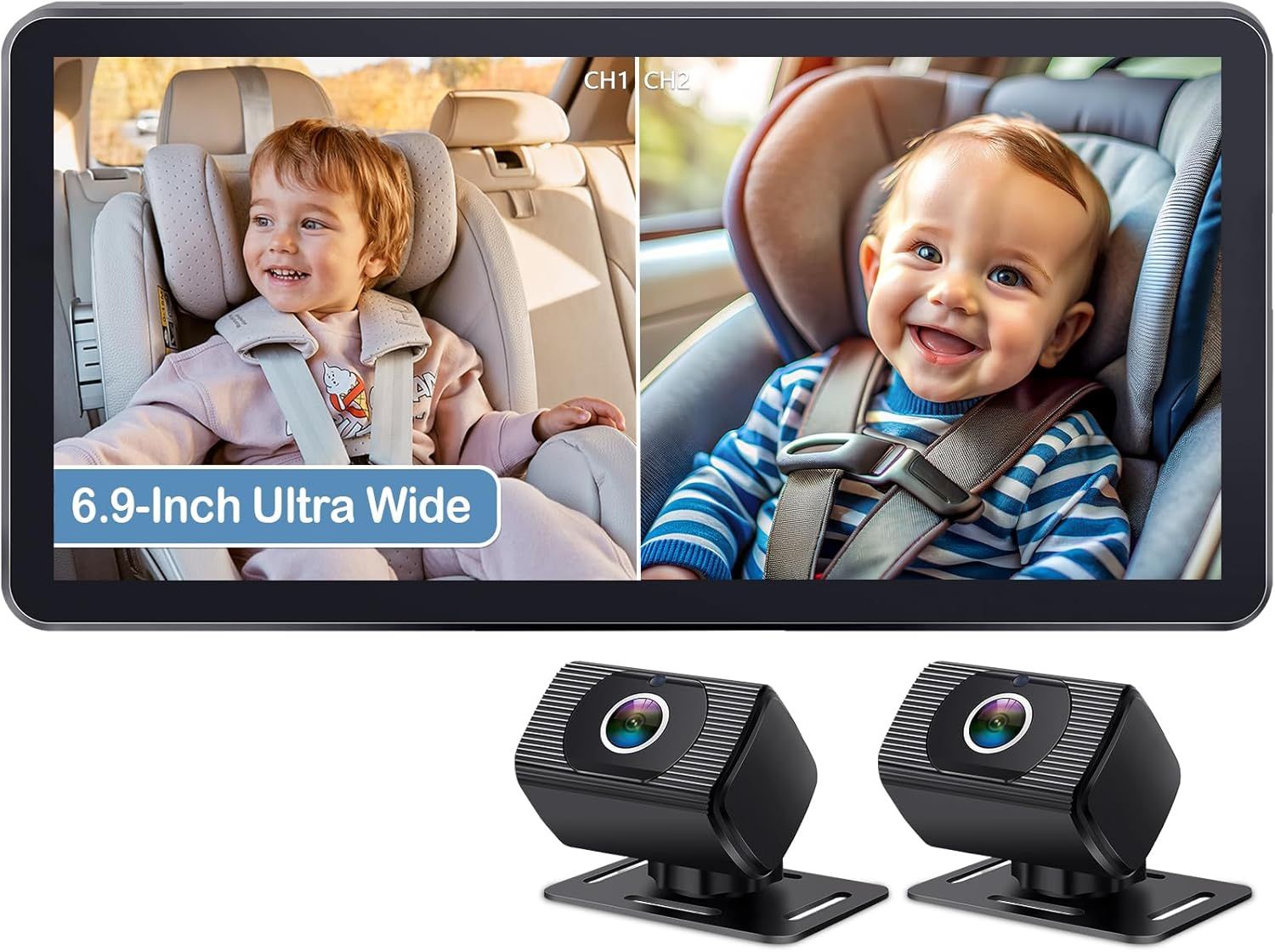 Dual Baby Car Camera with 6.9-Inch Ultra-Wide Display – 1080P HD Rear-Facing Infant Monitor with Night Vision, USB Powered & Easy Installation