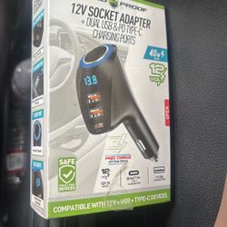 Road Proof 12V socket adapter with dual USB and PD Type-C charging ports