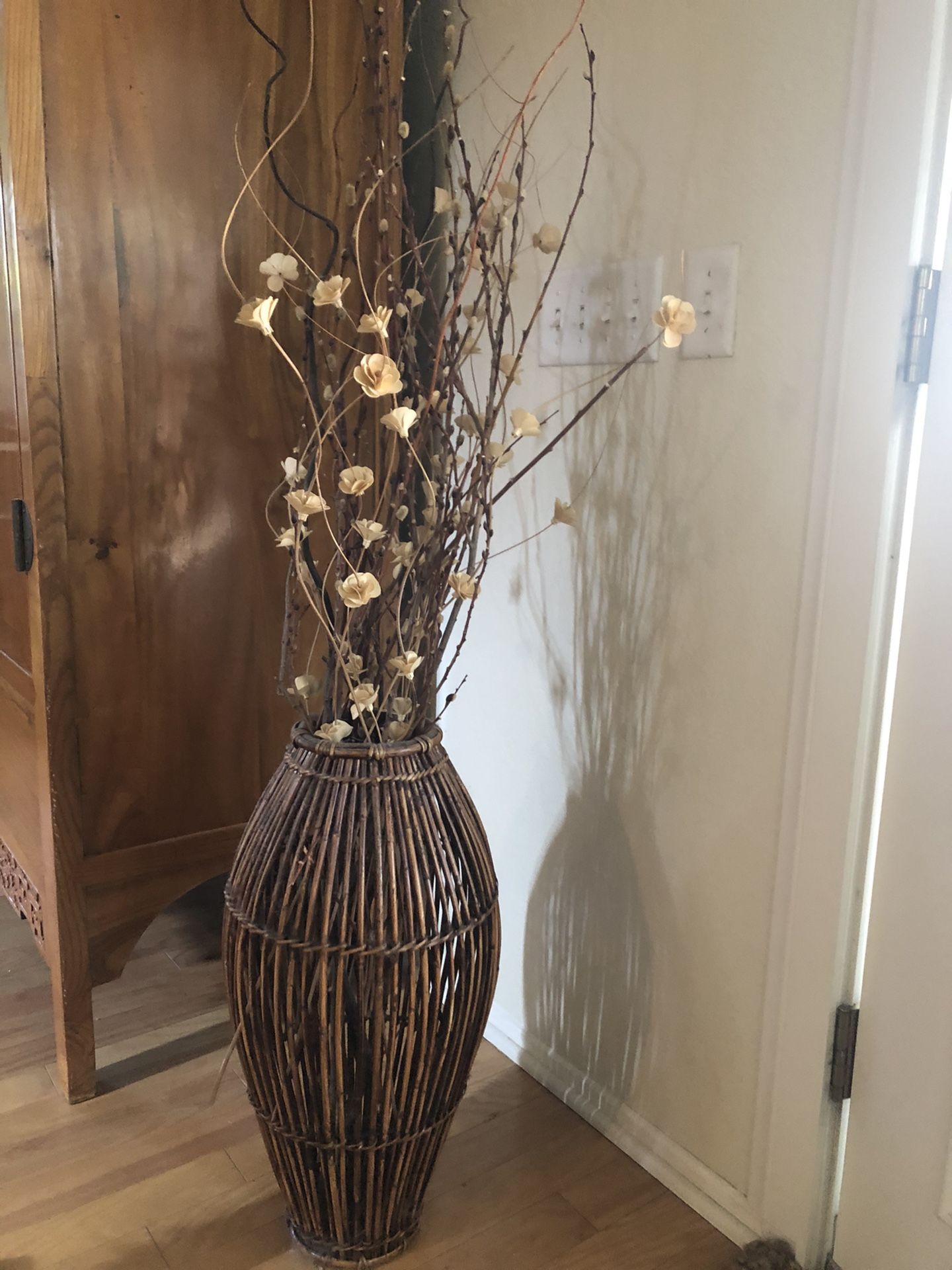 Bamboo Vase And dried twigs with White Wooden Flowers