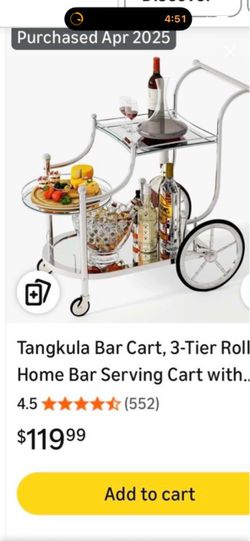 Tangkula 3-Tier Rolling Bar Serving Cart