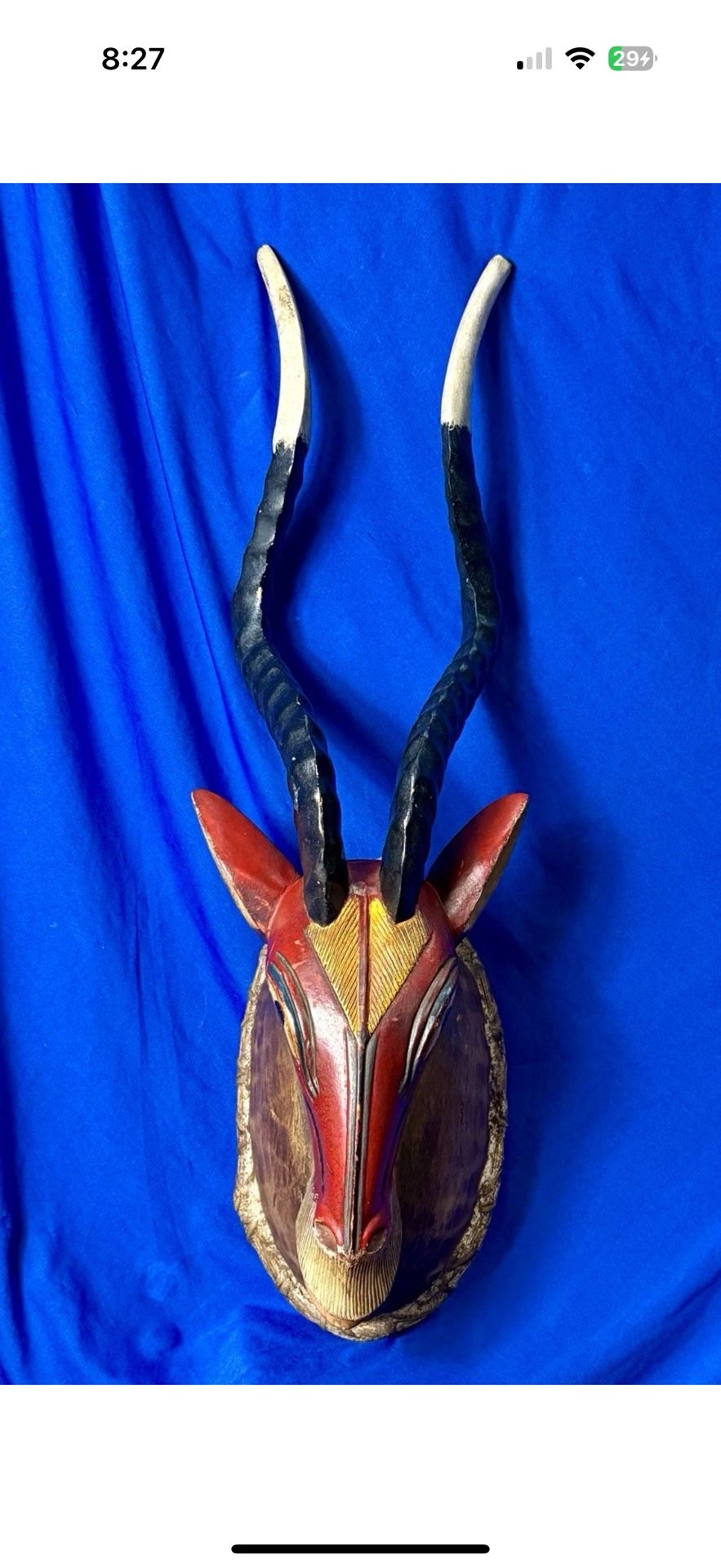 Vintage Large 24” African Tribal Blesbok Blesbuck Colorful Wood Mask