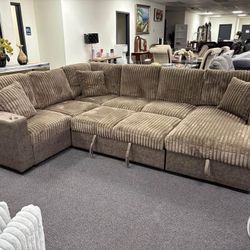 🤎 Brand New Luxury Huge Corduroy Fabric Sectional Sofa W/ Pillows, Storage, Charging Ports, Pull Out Bed & Cup Holders. 