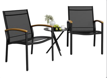 3 Pieces Patio Bistro Sets, Outdoor Textilene Fabric Conversation Bistro Set, Textilene Fabric Front Porch Chairs Small Patio Furniture Set with Table