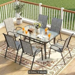 7-Piece Outdoor Patio Dining Set – Glass Table & 6 Sling Chairs