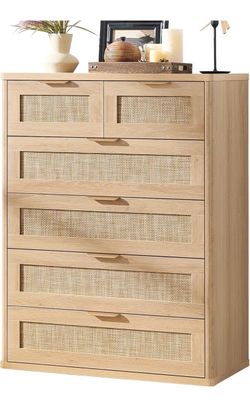 Rattan Dresser for Bedroom 41" Tall Chest of Drawers, Modern 6 Drawers Boho Dressers with Storage, Light Oak Dresser Wooden Closet Organizer for Livin