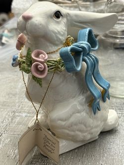 Andrea by Sadek Porcelain Rabbit Figurine w/ Floral Wreath & Blue Bow