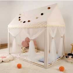 Kids Play Tent Non-Slip Mat, Star Lights, Decorating Flag, Tassel Large Playhouse, Boho Style, Exquisite Dots Curtains