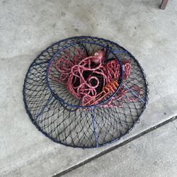 Lobster hoop net with rope and bait cage