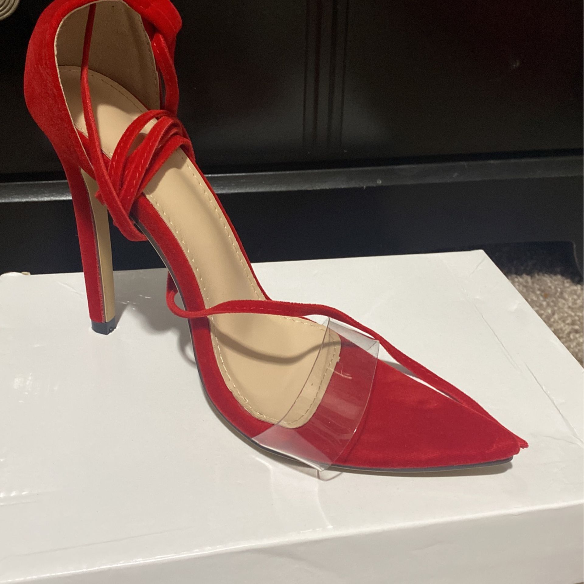 Brand New Red Heels With Clear Strap