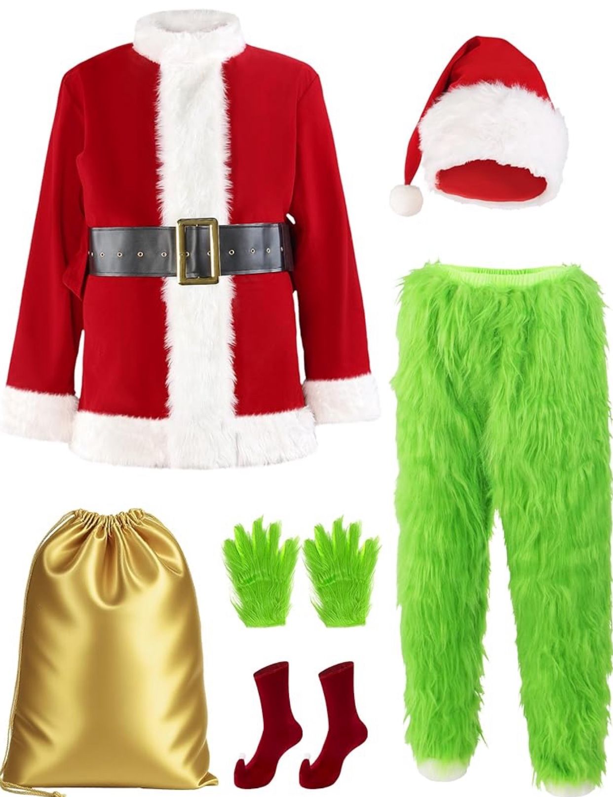 Christmas Costume for Men Adult Santa Claus Suit Green Furry Monster
