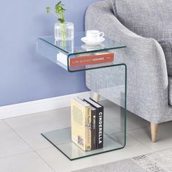 SMARTIK Glass Nightstand End Table, Clear S-Shaped