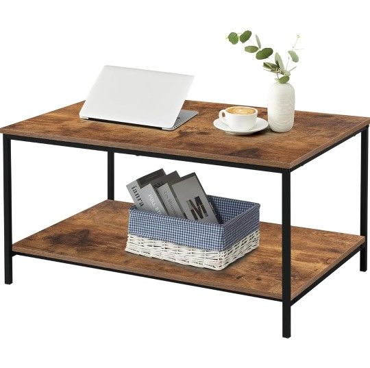 Small Brown Rectangle Wood and Metal Coffee Table with Storage Shelf for Small Living Rooms