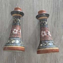 Set of '2' Hand-Painted Mexican Terracotta Vintage Tonala Candleholders
