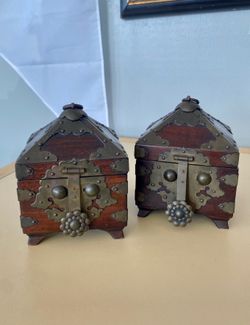 Pair of Korean Vintage Wood and Brass Boxes