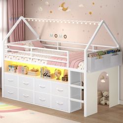 Twin Size Loft Bed for Kids, 8 Storage Drawers..House Shaped Metal Bed with Bookcase