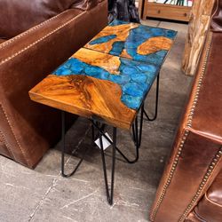 Blue Shell Resin And Wood Side Table