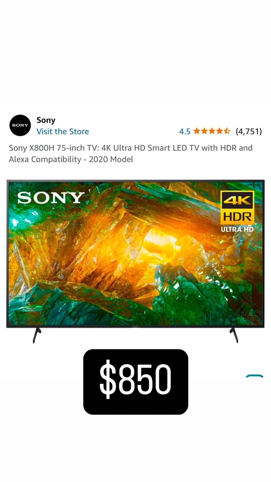 Sony X800H 75-Inch 4K Ultra HD Smart TV