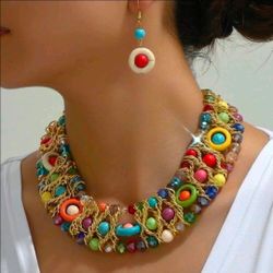 Luxury Boho Multicolor Beaded Necklace & Earrings Set Braided Gold Tone Statement Jewelry Adjustable Women New
Bold boho statement necklace and matchi