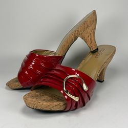 Me Too Women 9 Persil Red Patent Leather Cork Kitten Heel Mule Sandals y2k retro