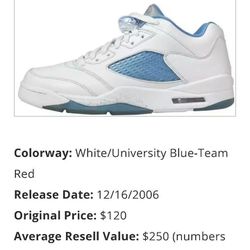 Air Jordan White/University Blue Retro Shoes Size 5