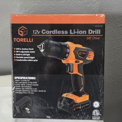 TORELLI TOOLS 12v Cordless Li-ion Drill 3/8" Keyless Chuck New Sealed