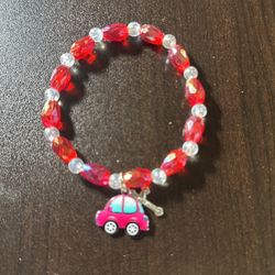 Red And Clear Beads Bracelet, With A Red Car Charm