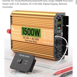 New In Box 1500 Watt Inverter 12V DC to 110V/120V AC, Pure Sine Wave Inverter for Truck/RV/Home/Solar/Off-Grid, Surge 3000W Pure Sine Power with 2 AC 