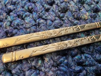 Vintage 80's Korean Metal Chopsticks – Etched Crane & Pine Design