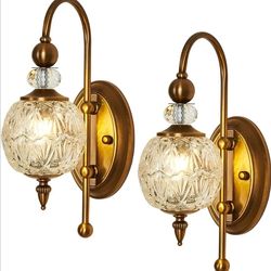 (Brand New in Box)  Vintage Gold Wall Sconce Set of Two Mid Century Brushed Brass with Glass Globe Shade Vanity Light Indoor G9 Bulb Wall Light for Ba
