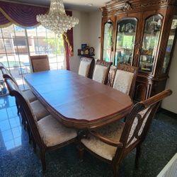 Michael Amini Dining Table & 8 Chairs/ China Cabinet/ China TV Entertainment Cabinet (Top shelf not shown but available)