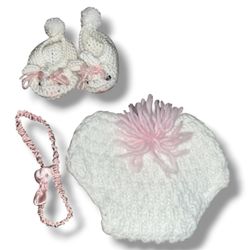 Adorable 4-Piece Handmade Bunny Baby Set – Knit Diaper Cover, Booties & Headband