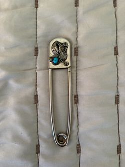 Vintage Safety Pin Turquoise Leaf Key Chain Tag 4in Navajo